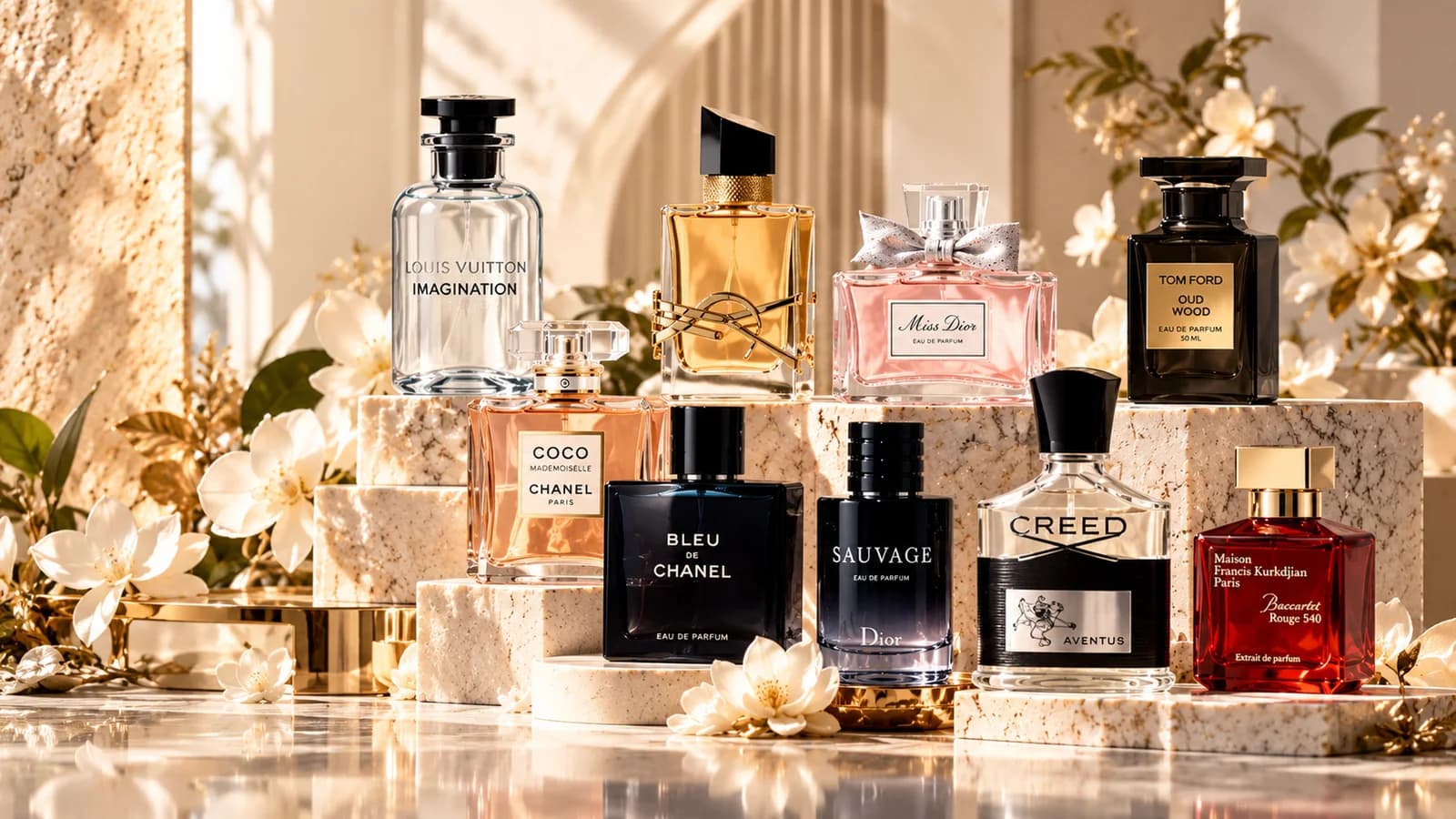 A multi-house fragrance collection on stone podiums, surrounded by flowers and warm studio light